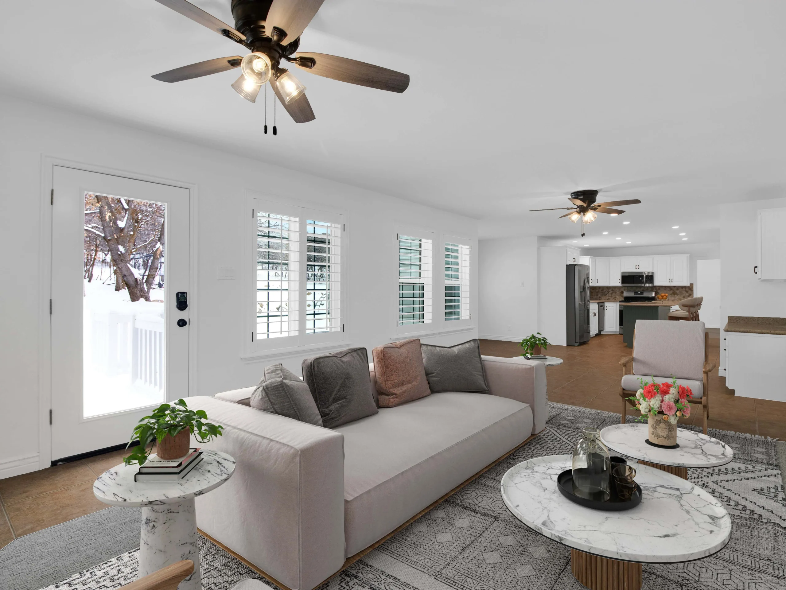 Virtual staging of a contemporary living room with neutral tones